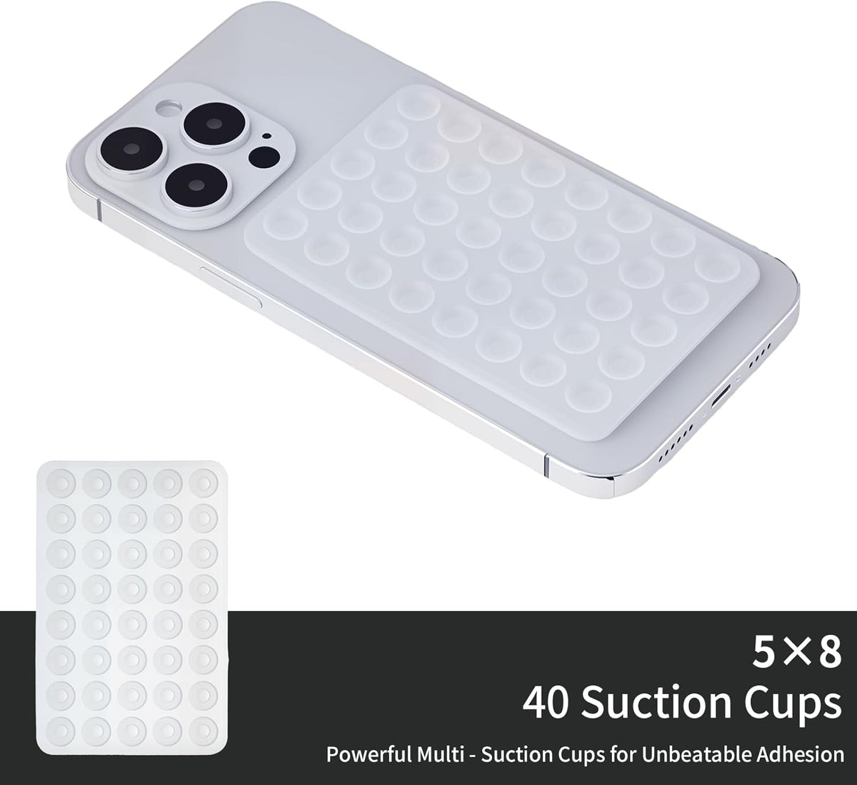2 Pack Silicone Double-Sided Suction Grip – 40 Cups per Side, Strong Hold for iPhone, Galaxy, Pixel, Android – Hands-Free for Selfies & Videos (Clear)