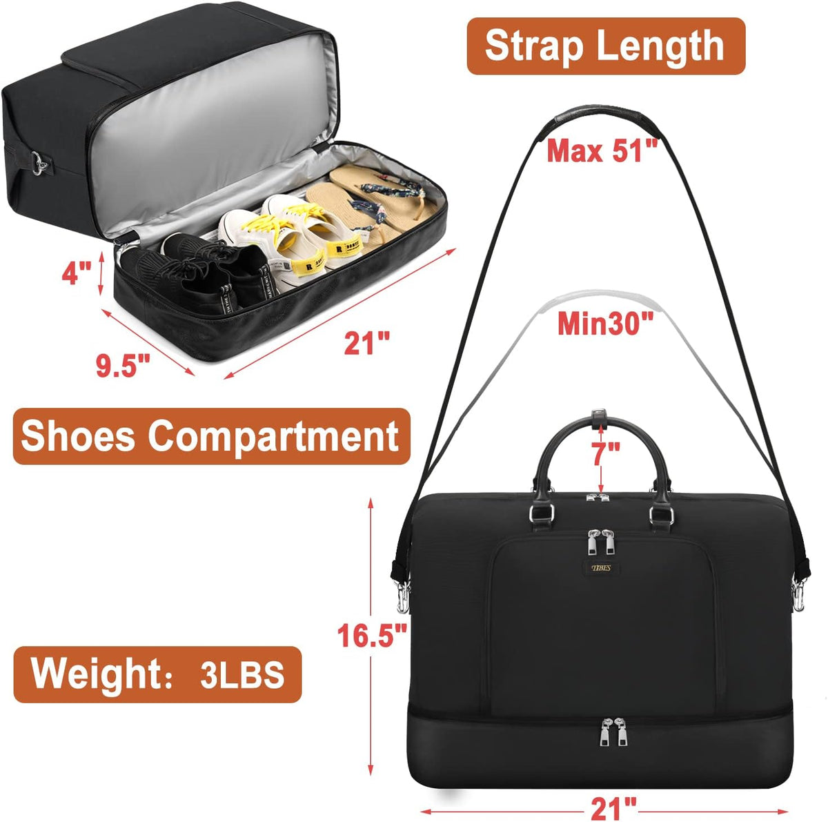 Travel Weekender Bag for Women, Overnight Bag with Shoe Compartment Oversized Travel Duffel Bag Carry On Tote 21"