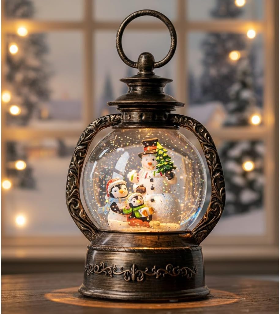 Christmas Snow Globe Lantern Water Glittering Snowman & Penguins with Music & Timer, USB Lined/Battery Operated Lighted Lantern for Christmas Festival Decoration Gifts