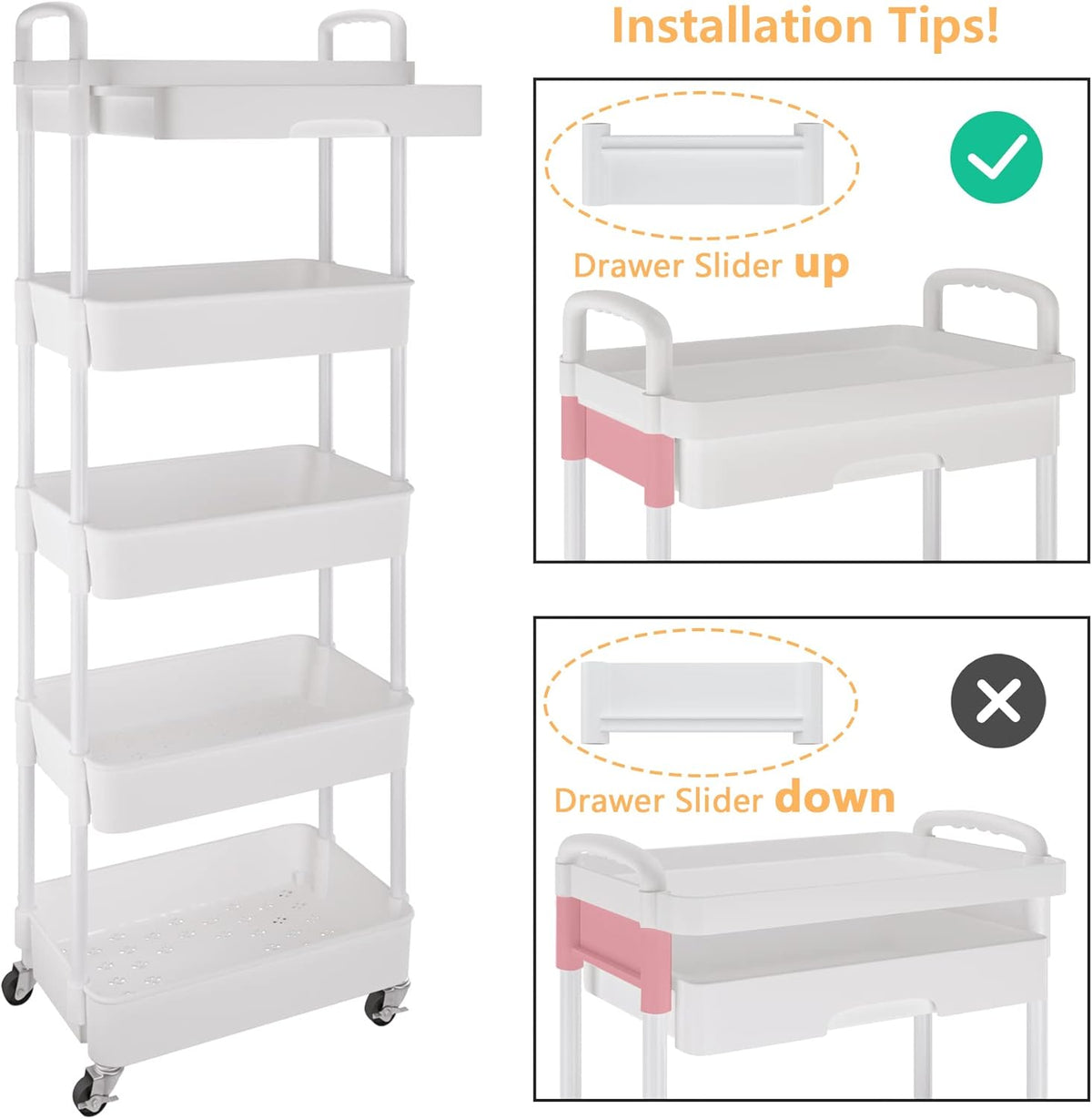 Calmootey 5-Tier Rolling Utility Cart with Drawer,Multifunctional Storage Organizer with Plastic Shelf & Metal Wheels,Storage Cart for Kitchen,Bathroom,Living Room,Office,White