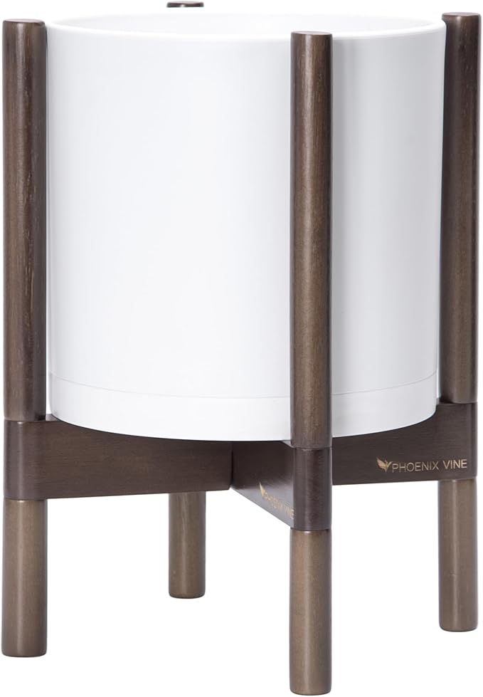 D'vine Dev Planter Pot with Stand - 10 Inch Plastic Cylinder Flower Pot with Wood Planter Holder for Indoor, Matte White Pot + Walnut Color Stand, 55-C-L-1