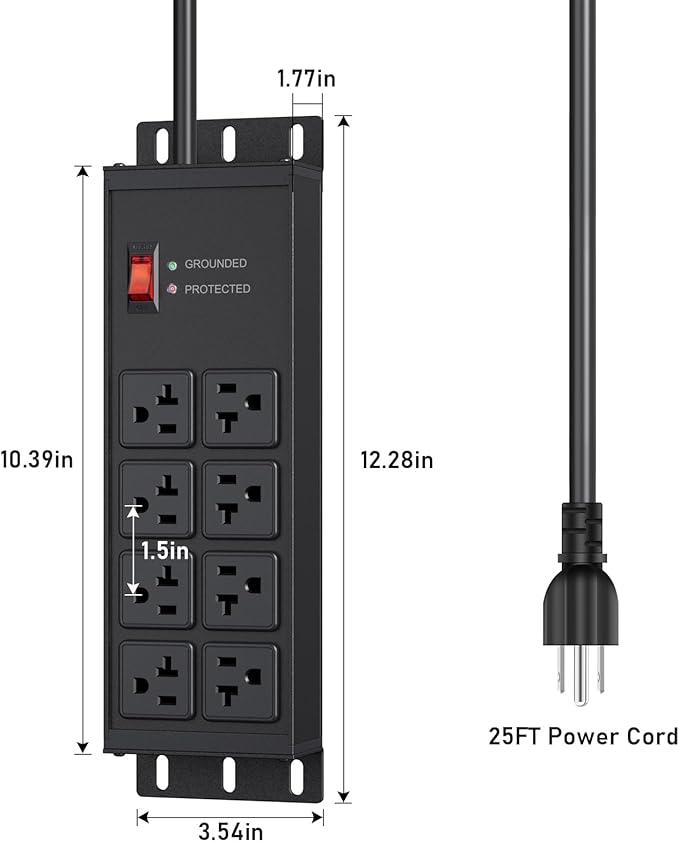 JUNNUJ Heavy Duty 20 Amp Surge Protector 4800J, Garage Metal 8 Outlets 12 Gauge