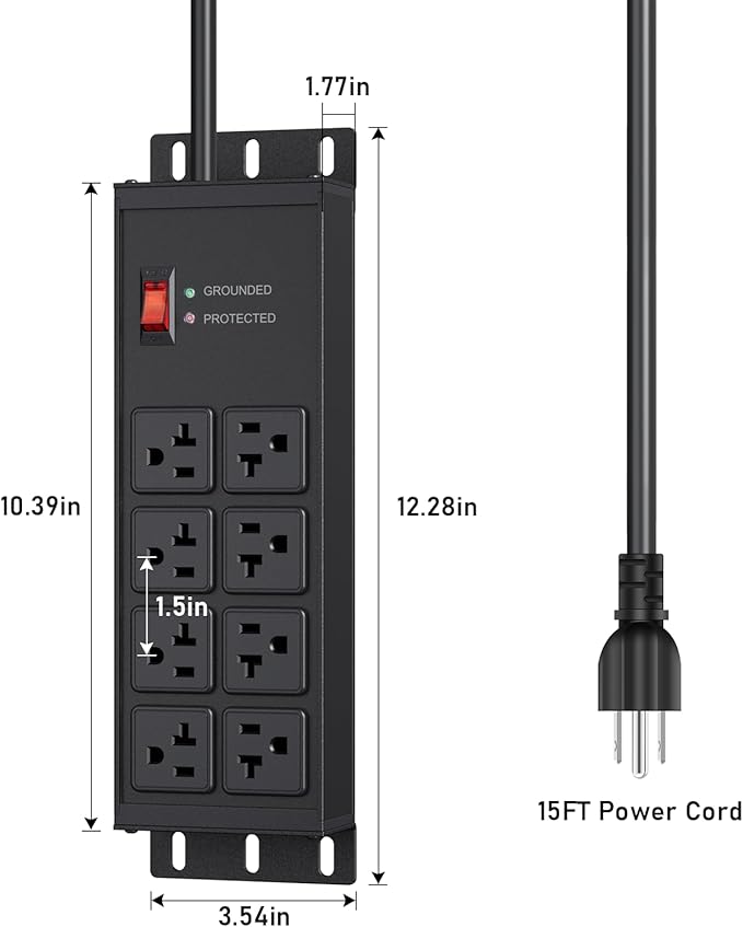 JUNNUJ Heavy Duty 20 Amp Surge Protector 4800J, Garage Metal 8 Outlets 12 Gauge