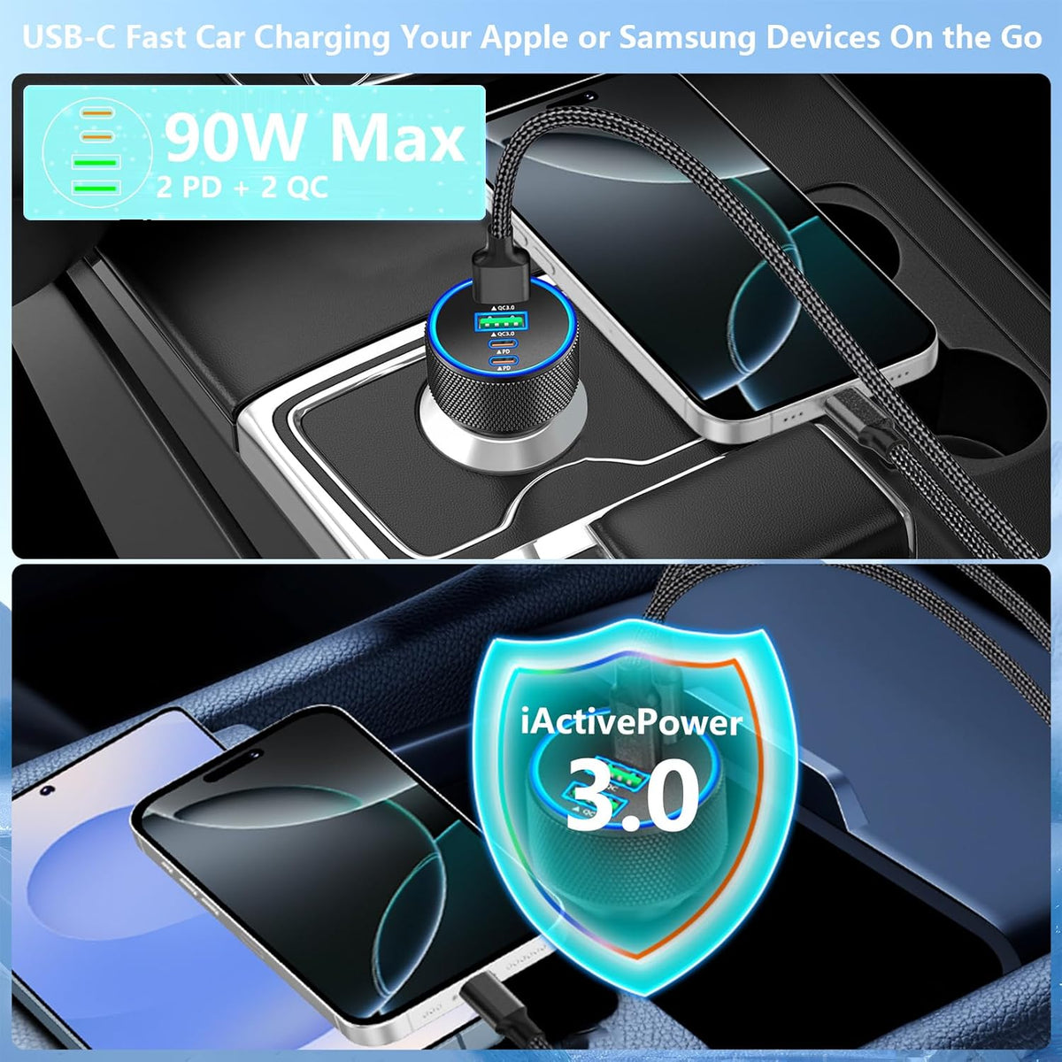 Car Charger USB C, KYOHAYA 2Pack 90W 4-Port Dual USB-C & USB-A Power Cigarette Lighter Adapter PD/QC3.0 Type C Car Charger Fast Charge for iPhone 17 17 Pro 16 15 14 13 12 11/Galaxy S25 S24/Pixel/iPad