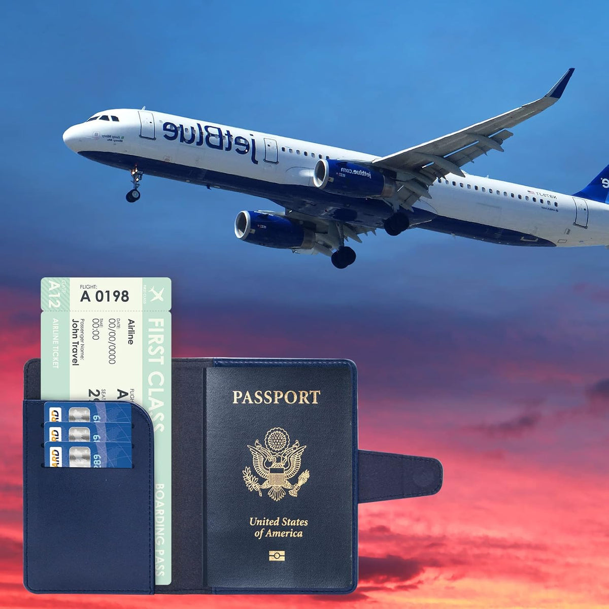 RFID Blocking Genuine Leather Wallet Passport Holder for Travel with Credit Card Slots and Ticket Pocket Durable Design (Blue)
