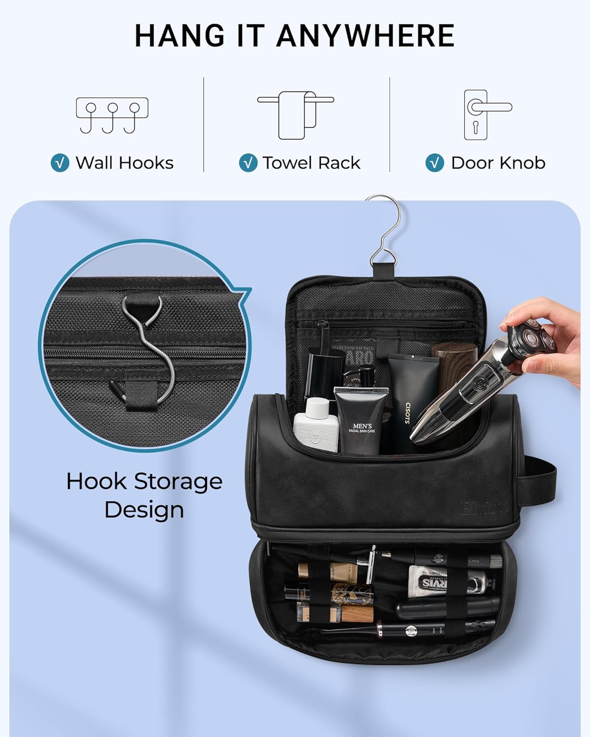 Elviros Toiletry Bag for Mens PU Leather Travel Organizer Kit with Hanging hook, Large Water-resistant Toiletries Bathroom Shaving Bags(Extra Large, Black)