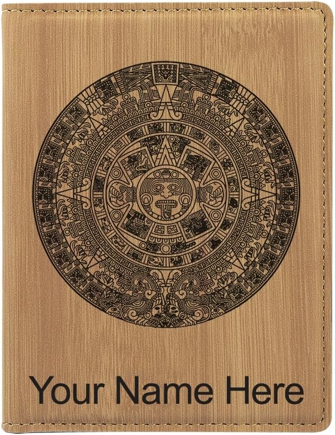 LaserGram Faux Leather Passport Holder, Aztec Calendar, Personalized Engraving Included (Bamboo)