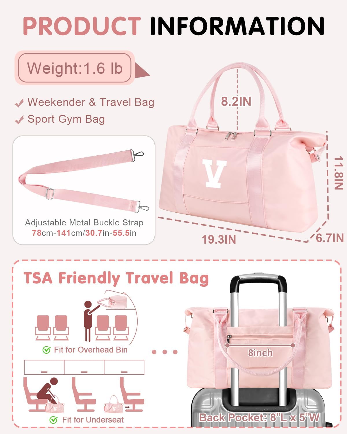 Initial Travel Duffel Bag Sports Gym Bag for Girls Teen Birthday Gifts,Pink Personalized Weekender Bag Carry On Tote Bags for Women Men,Waterproof Overnight Luggage Bag with Trolley Sleeve(Letter V)