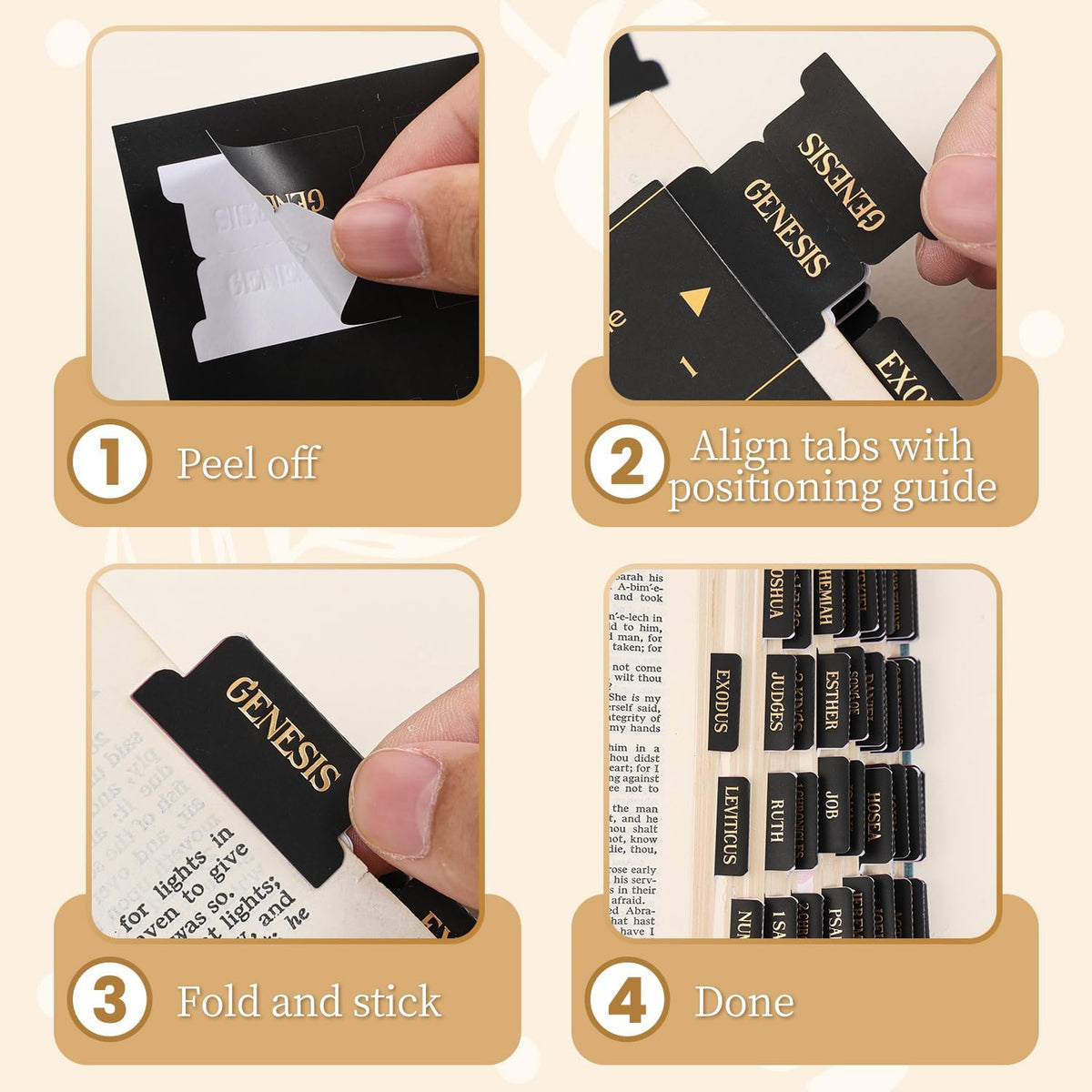 Laminated Bible Tabs, Gold Foil Embossed Lettering Bible Chapter Index Tabs for Women Men, Reposition Large Print Sticky Labels, Easy to Read and Apply, 105Chapters Labels for Easy Navigation (Black)