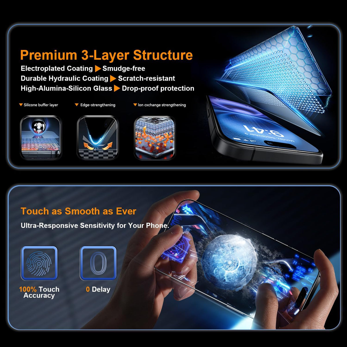 OneFish Screen Protector for iphone 11 Pro/X/Xs, 9H Hardness Glass Scratch Resistant HD Clarity Tempered Glass Film with Installation Frame Shatterproof Bubble Free Easy Installation,2Pack.