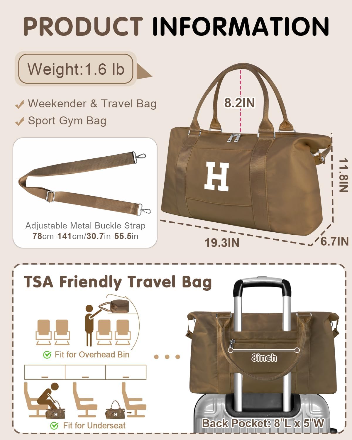 Birthday Graduation Gifts for Daughter,Initial Travel Duffel Bag Sports Gym Bag for Girls Teen Kids Birthday Gifts,Personalized Weekender Bag Carry On Tote Bags Cute Overnight Bag for Women(Brown, H)