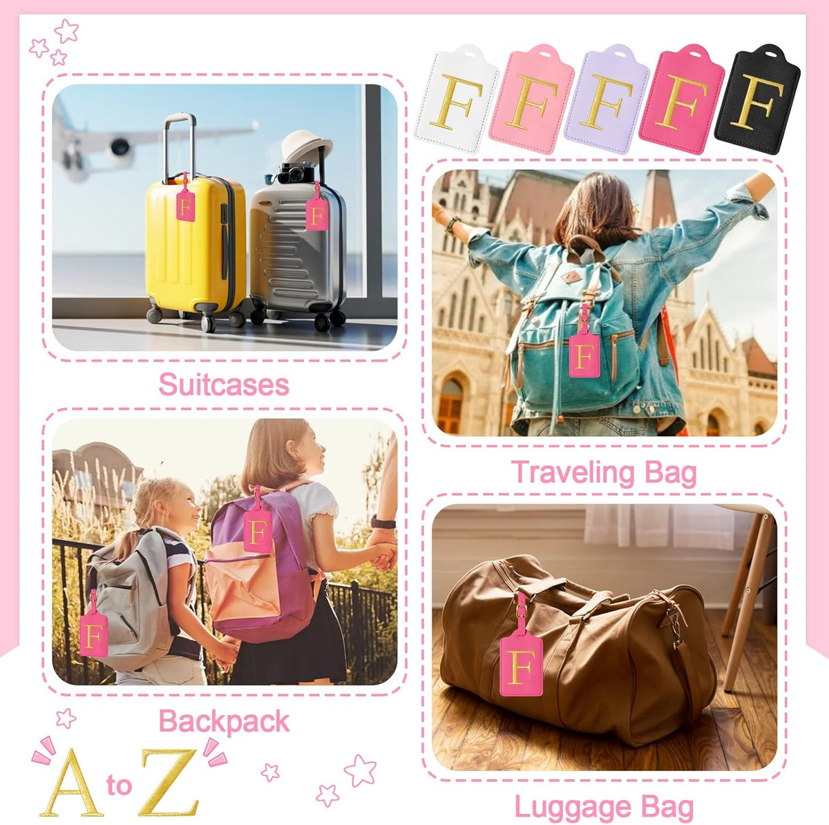 Initial Letter Luggage Tags for Suitcases, Embroidered Monogrammed Suitcase Luggage Identifier Name Tag, PU Leather TSA Approved Luggage Tags, Bag Tags for Men Women Kids Luggage Handbags(Rosered F)