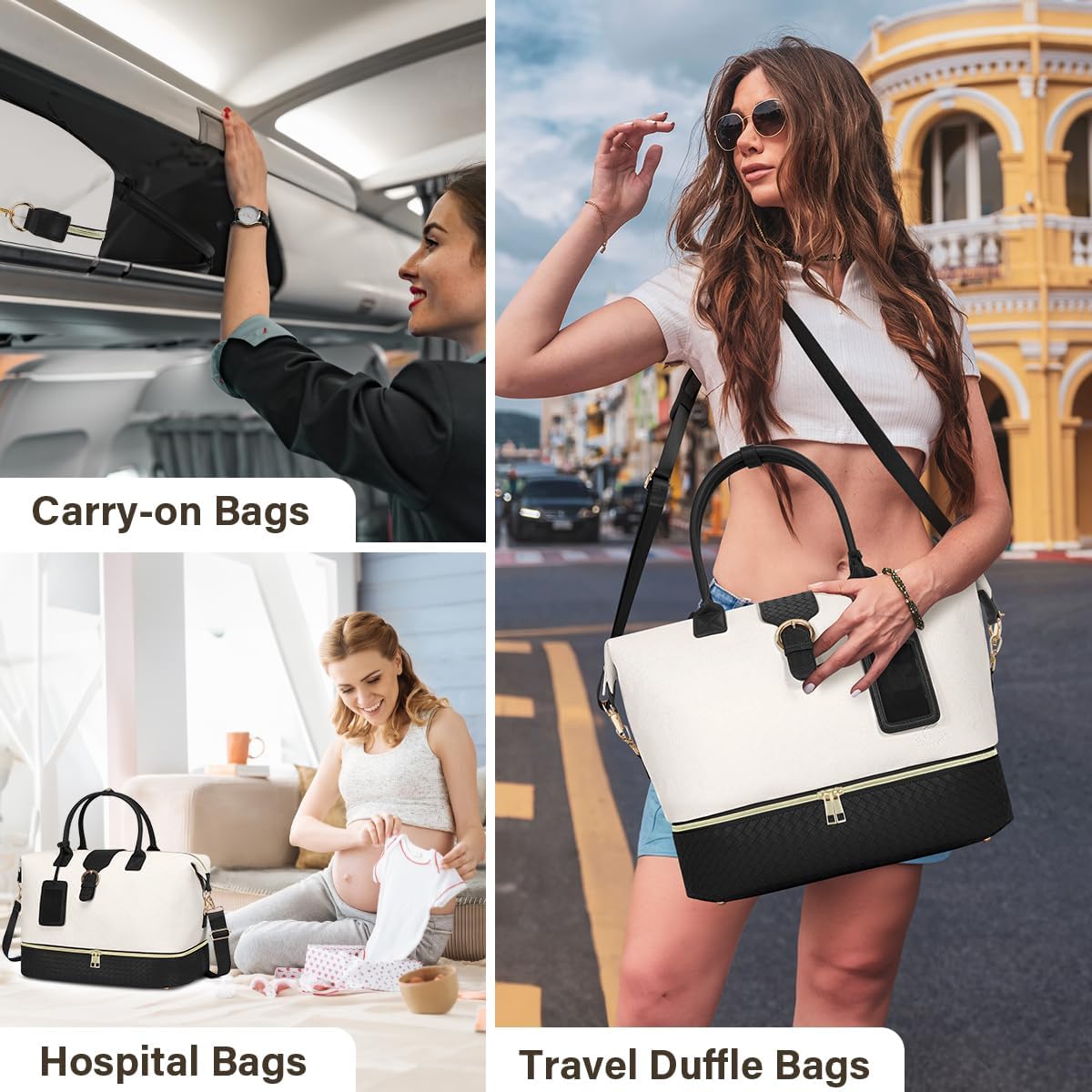 Leather Weekender Bags for Women, Travel Duffel Bag PU Overnight Bag Carry On Tote Bag with Shoe Compartment Wet Pocket