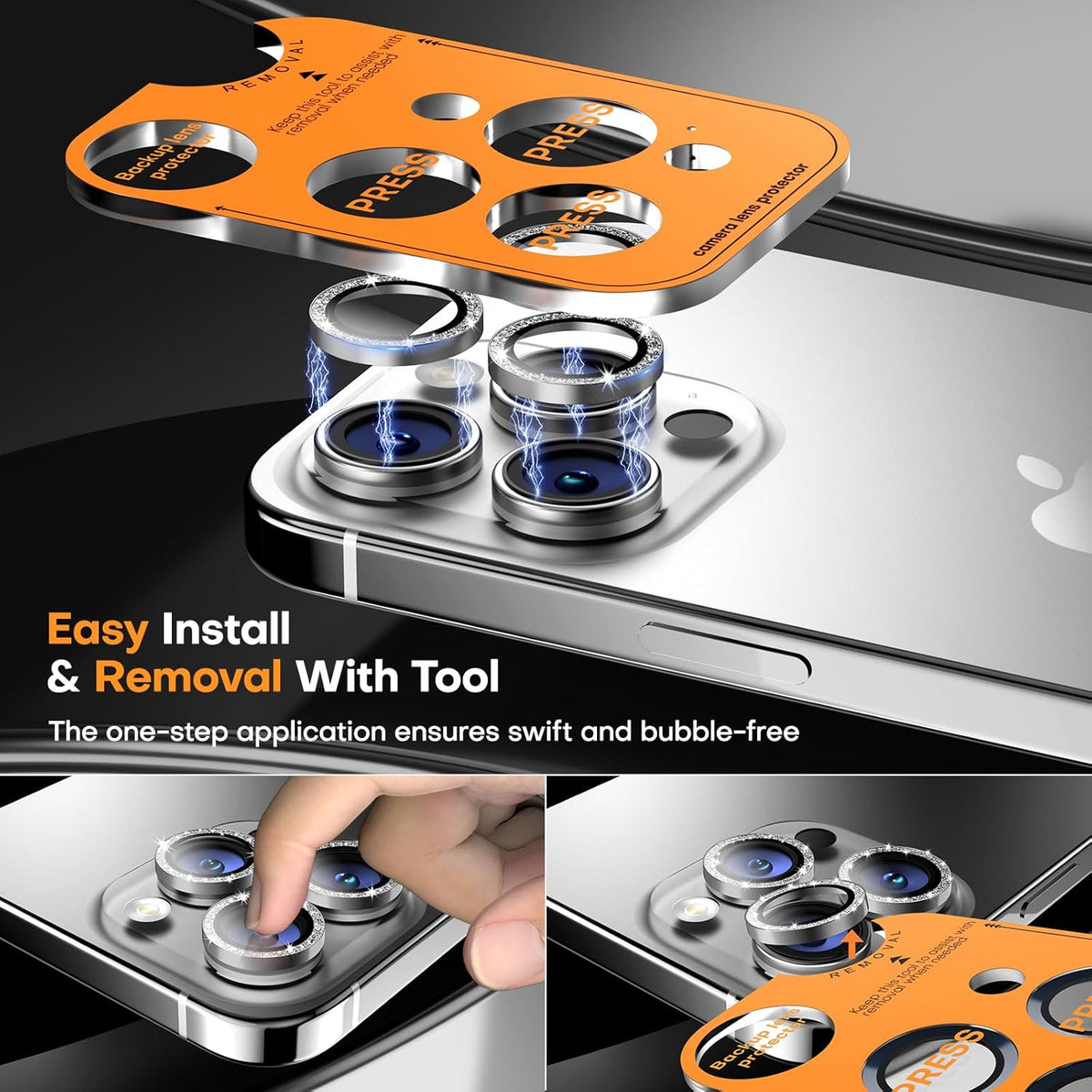 Camera Lens Protector for iPhone 16 Pro Max/16 Pro/15 Pro Max/15 Pro/14 Pro Max/14 Pro, Sapphire Glass Metal Individual Camera Cover Screen, Anti-drop, Case Friendly- Glitter White Titanium