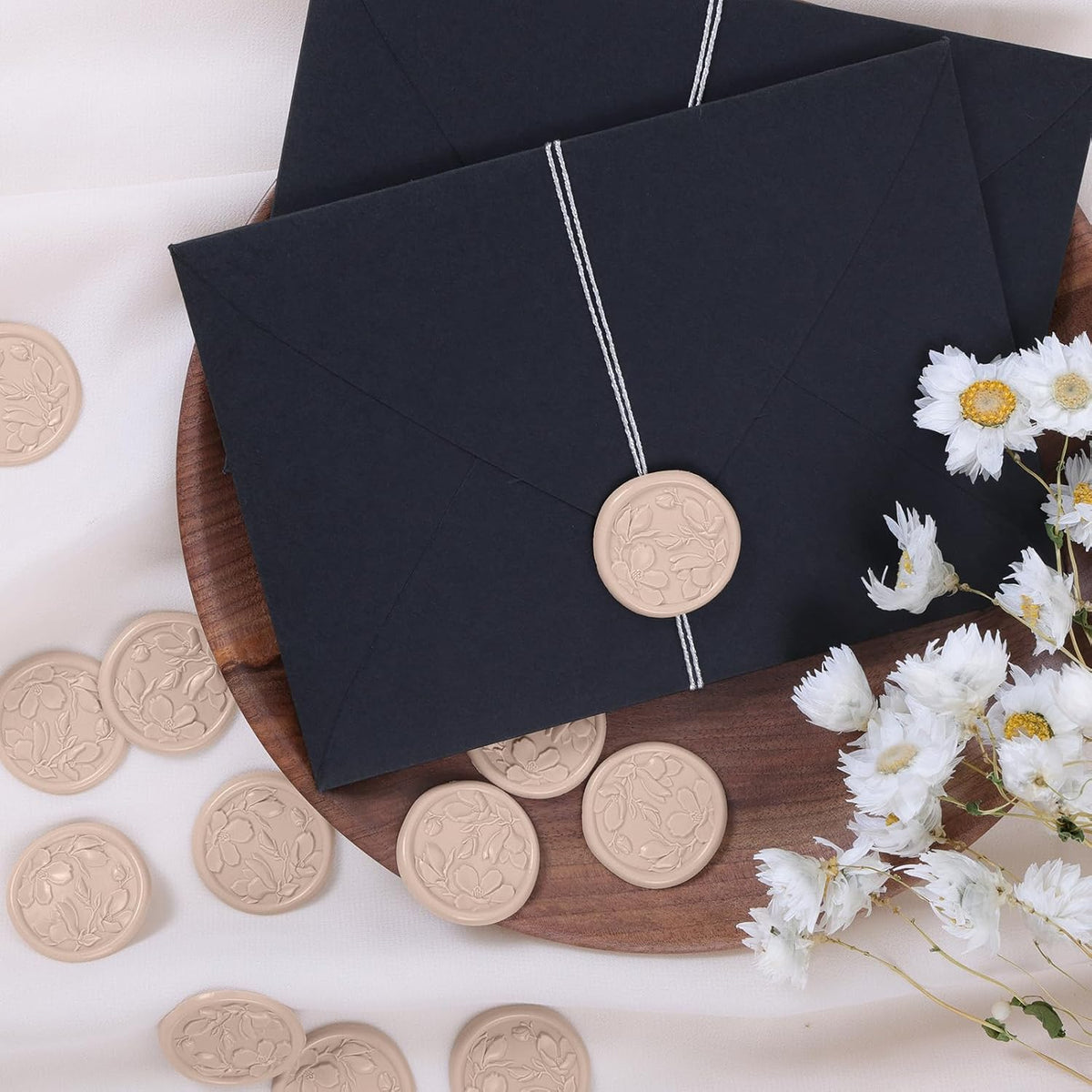 UNIQOOO Wax Seal Stickers - 3D Magnolia Wedding Invitation Envelope Botanical Seal Stickers, 50 Pcs Self-Adhesive Taupe Stickers, Perfect for Invitation, Christmas, Gift Wrapping, Party