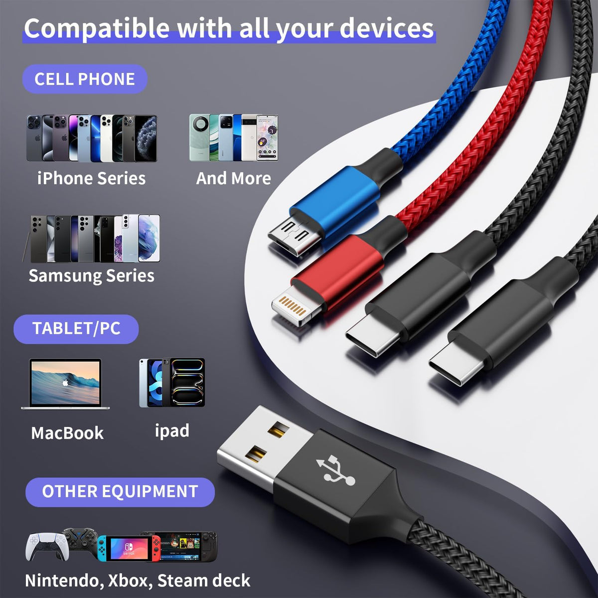Travel Essentials, Dual Type-C 4 in 1 Multi Charging Cable for Multiple Devices, USB Cables Universal Phone Charger Cord with IP/Micro/2 USB-C Port for iPhone16/15/14, Android Tablet Pad, 2Pack 5FT