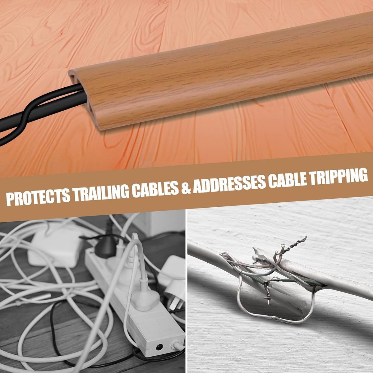 Floor Cord Cover Self Adhesive Cord Hider,20FT Cable Management, Extension Strip Protector for Wires, Prevent Cable Trips for Offices, Gyms, Exhibitions Cavity:0.47"(W) x 0.35"(H) Brown Wood