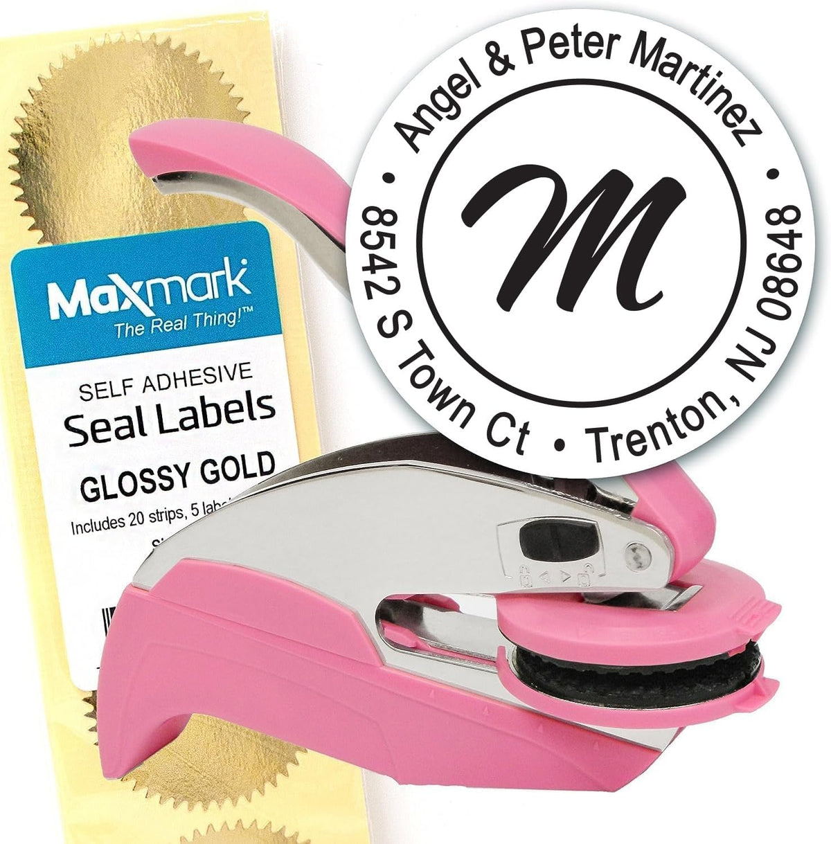 Custom Monogram Address Embosser - Personalized Round Seal with 50 Gold Seal Labels - Style EM020
