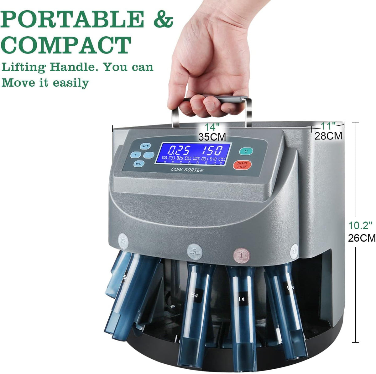 8T8 USD Coin Counter Machine - Professional Automatic Coin Sorter and Wrapper/Roller with LCD Display and 5 Coin Bins and Tubes