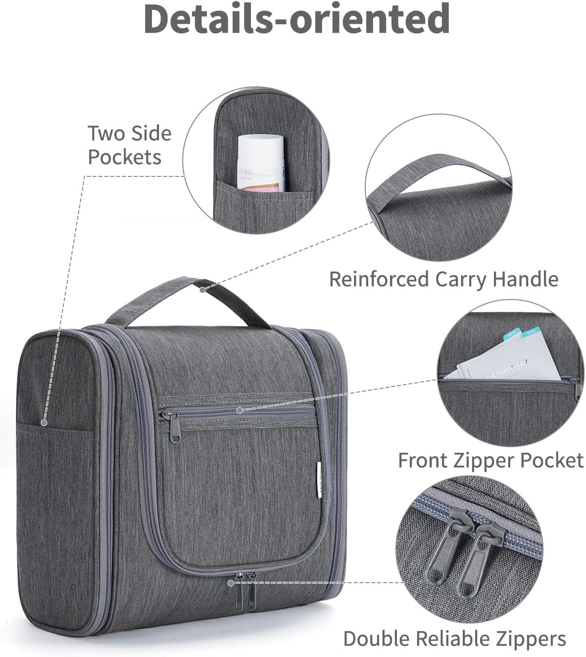 Narwey Hanging Toiletry Bag for Women Travel Makeup Bag Organizer Toiletries Bag Men for Cosmetics Essentials Accessories (Large, Grey)