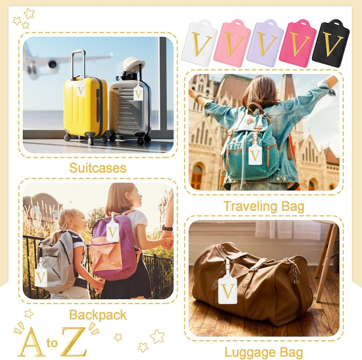 Unique Initial Letter Luggage Tags for Suitcases, Monogrammed Suitcase Luggage Identifier Tag,PU Leather TSA Approved Luggage Tags,Bag Tags for Men Women Kids Luggage Baggage(White V)