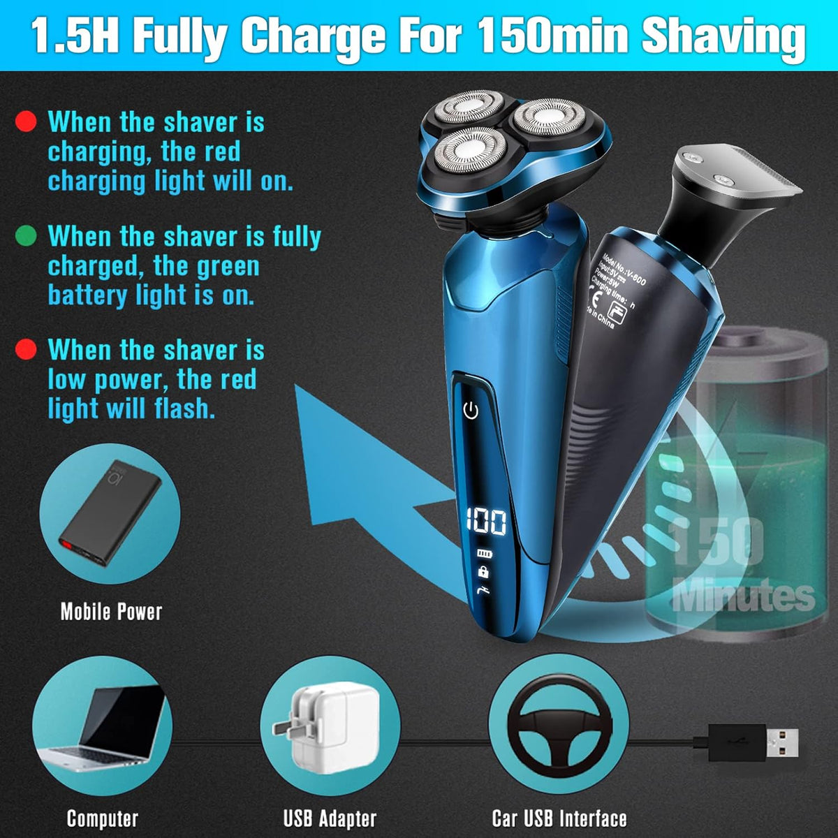 Electric Razor for Men,Men’s Electric Shavers Rotary,LED Display 100% Waterproof Cordless Razor, Wet/Dry Shaving,Shaver for Men Replaceable Blades Portable Travel Razors