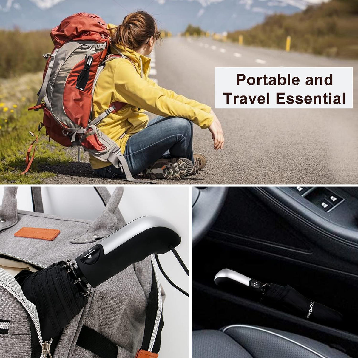 TradMall 2 Pack Travel Umbrella Windproof 46/56 Inches Large Canopy Reinforced Fiberglass Ribs Auto Open & Close