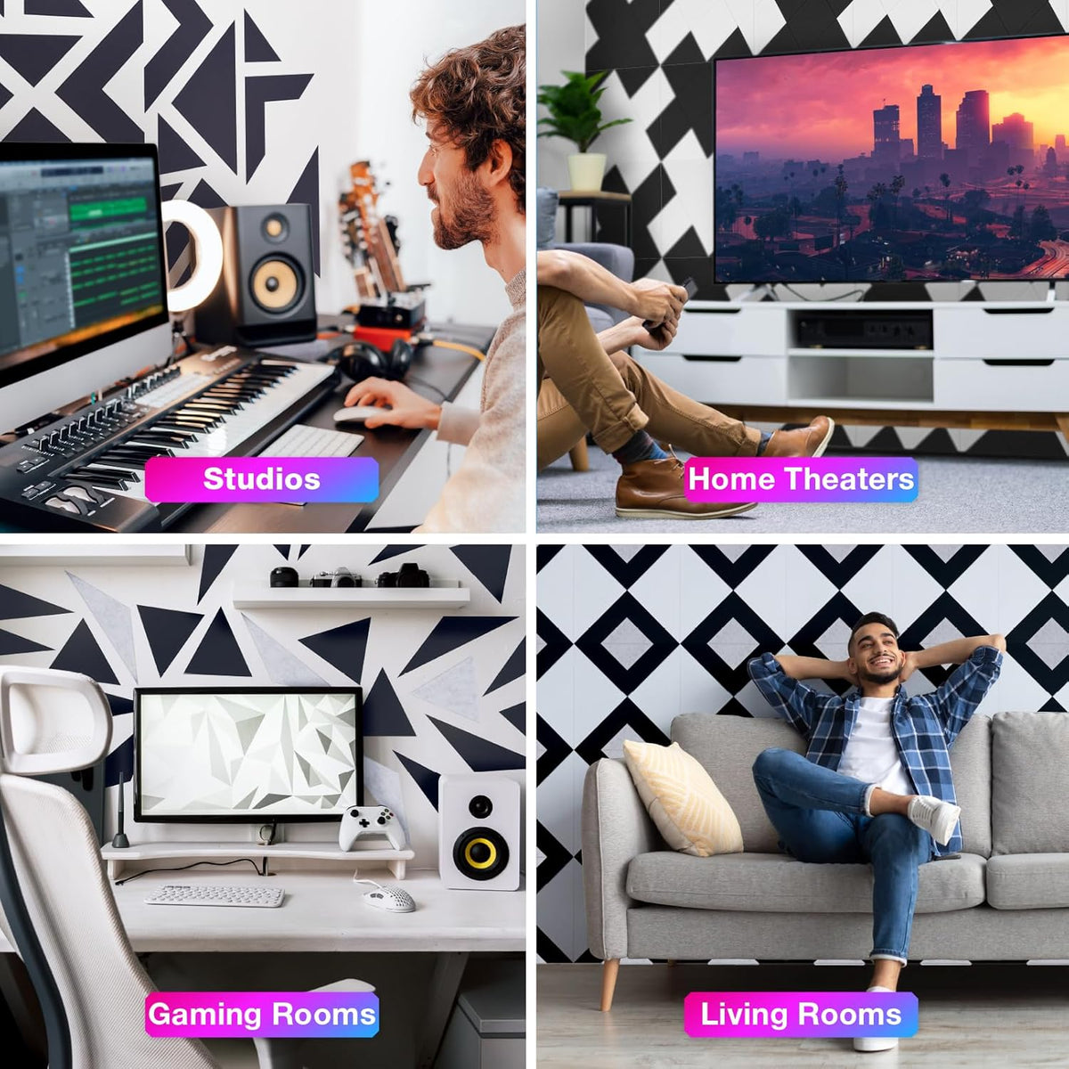 18 Pack Self-Adhesive Acoustic Panels, 12"x 12"x 0.4" Sound Absorbing Panels, High Density Square Sound Proof Noise Dampening Panels for Walls Home Studio Office, Triangle Cutting Style, Black