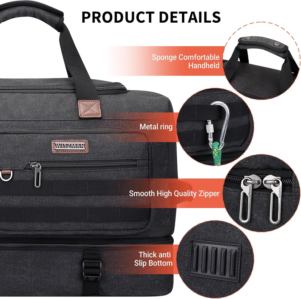 WITZMAN Duffle Bag for Men 50L Canvas Weekender Overnight Bag with Toiletry Bag Sets Travel Duffel Bag Shoes Compartment(A8010-2 Black)