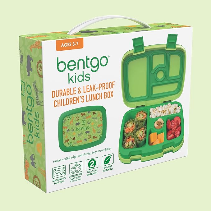 Bentgo Kids Prints Leak-Proof, 5-Compartment Bento-Style Kids Lunch Box - Ideal Portion Sizes for Ages 3-7, Durable, Drop-Proof, Dishwasher Safe, & PFAS & BPA-Free Materials (Safari)