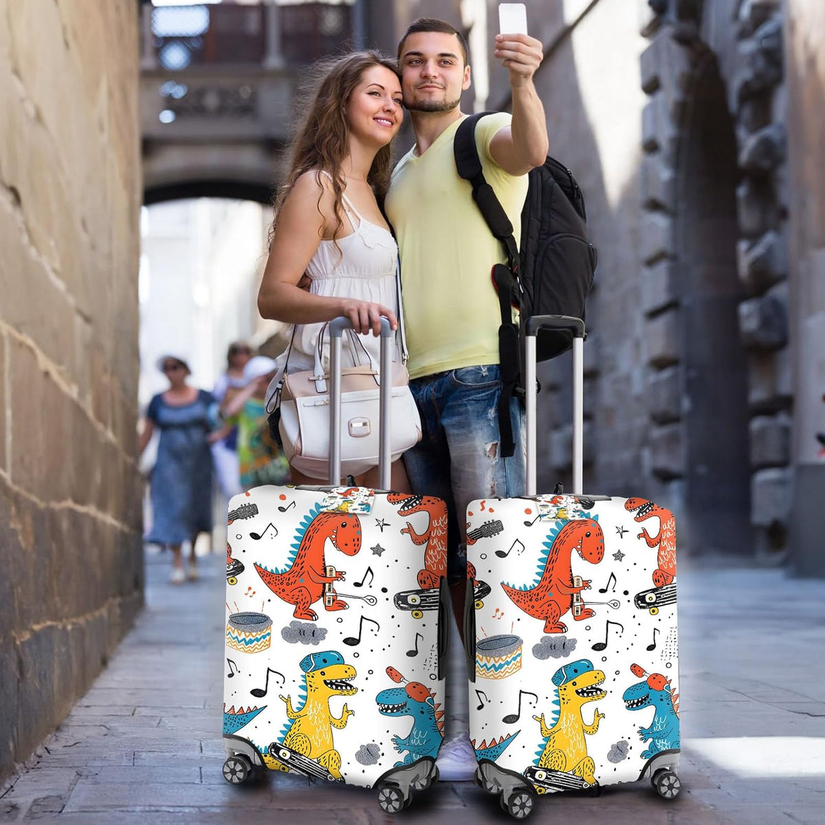Travel Luggage Cover,Cartoon Colorful DinosaurTheme Suitcase Cover Accessory Kit, Luggage Tag, and Comfortable Luggage Handle Wrap, Washable Luggage Suitcase Protector (22-24 inch,M)