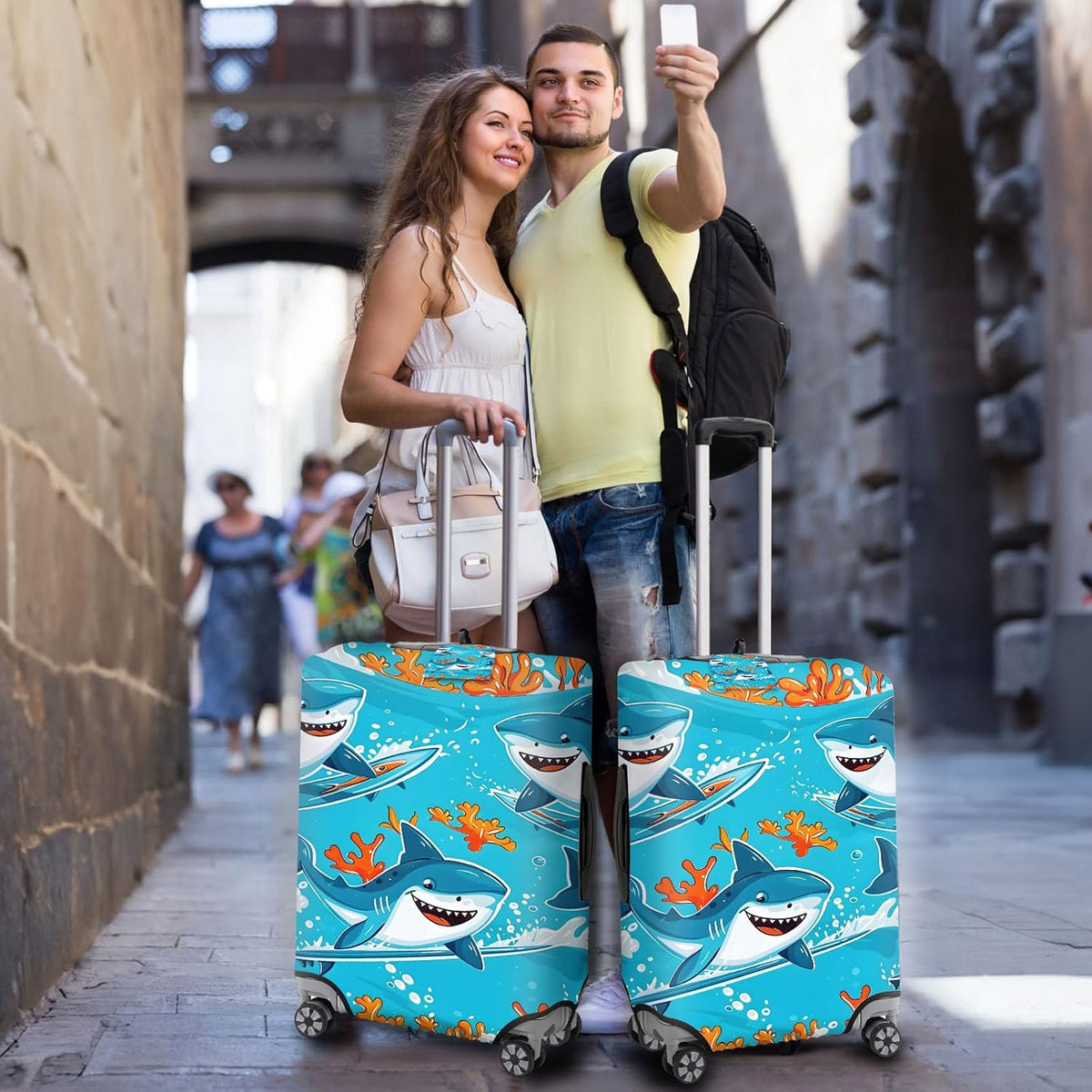 Travel Luggage Cover,Cute Cartoon SharksTheme Suitcase Cover Accessory Kit, Luggage Tag, and Comfortable Luggage Handle Wrap, Washable Luggage Suitcase Protector (25-28 inch,L)
