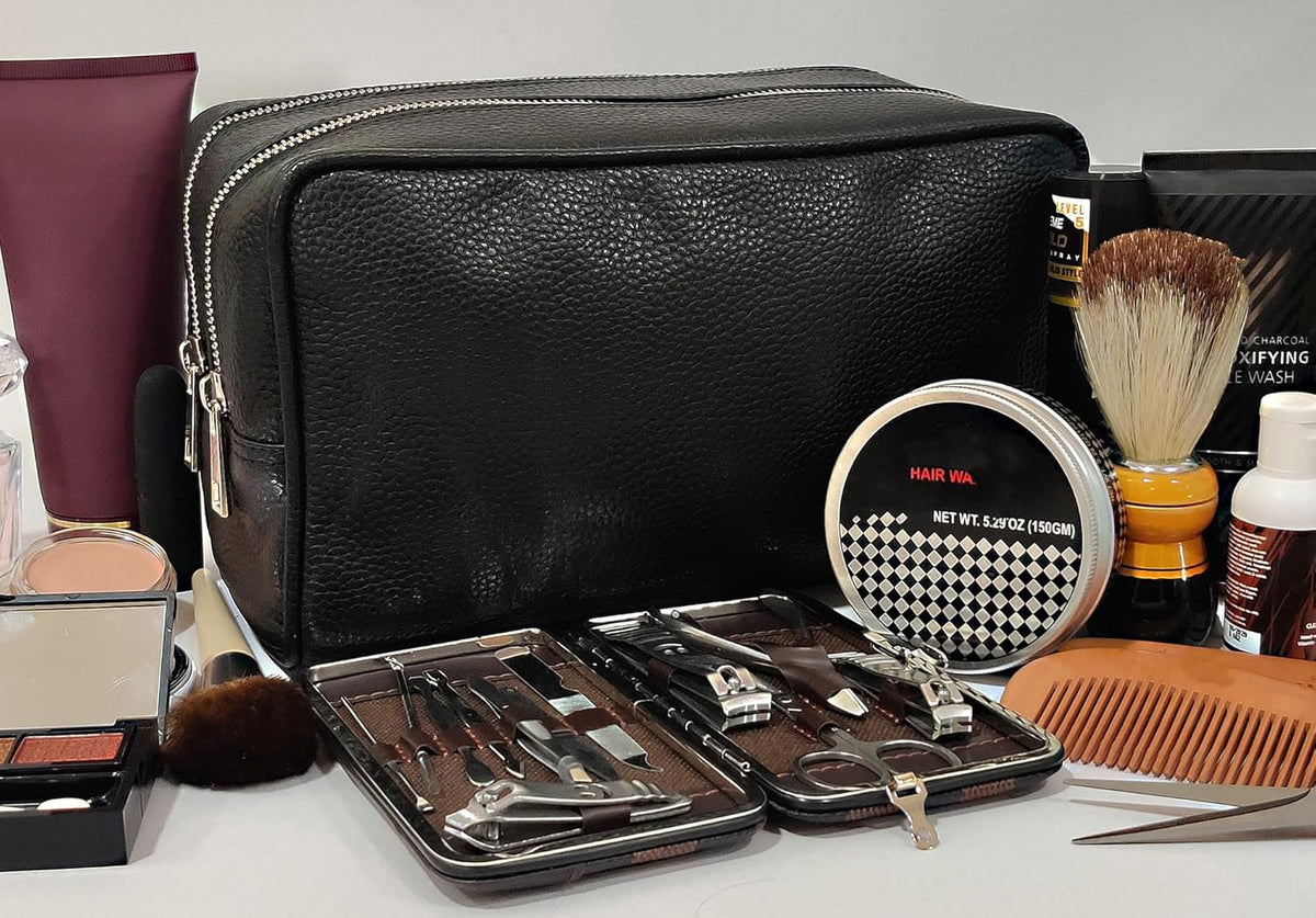 RUSTIC TOWN Full Grain Leather Travel Toiletry Bag - Cosmetic Makeup Kit Organizer (Medium, Black)