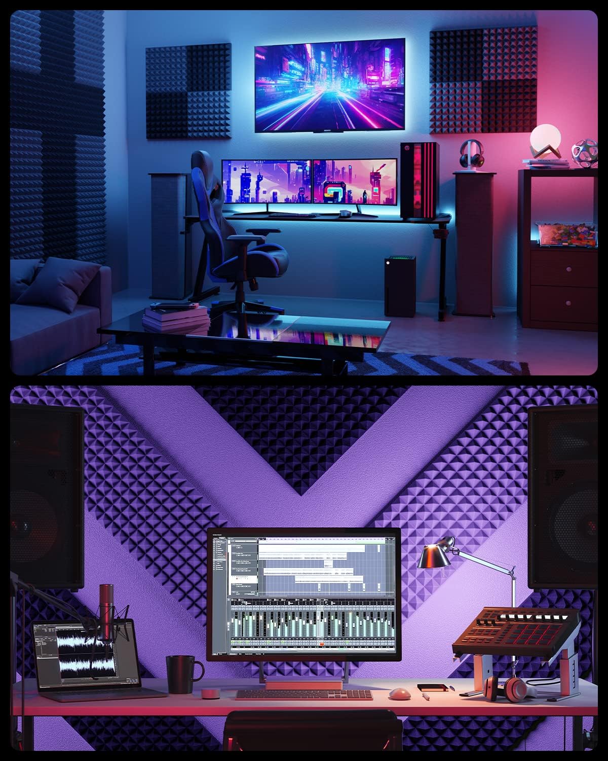 Sonicism Sound Proof Foam Panels for walls Self-Adhesive 24 Pack Pyramid 12" X 12" X 2" Acoustic Panels 35kg/m³High Density,Soundproof Wall Panels Fast Expand,Sound Absorption and Decoration,Black