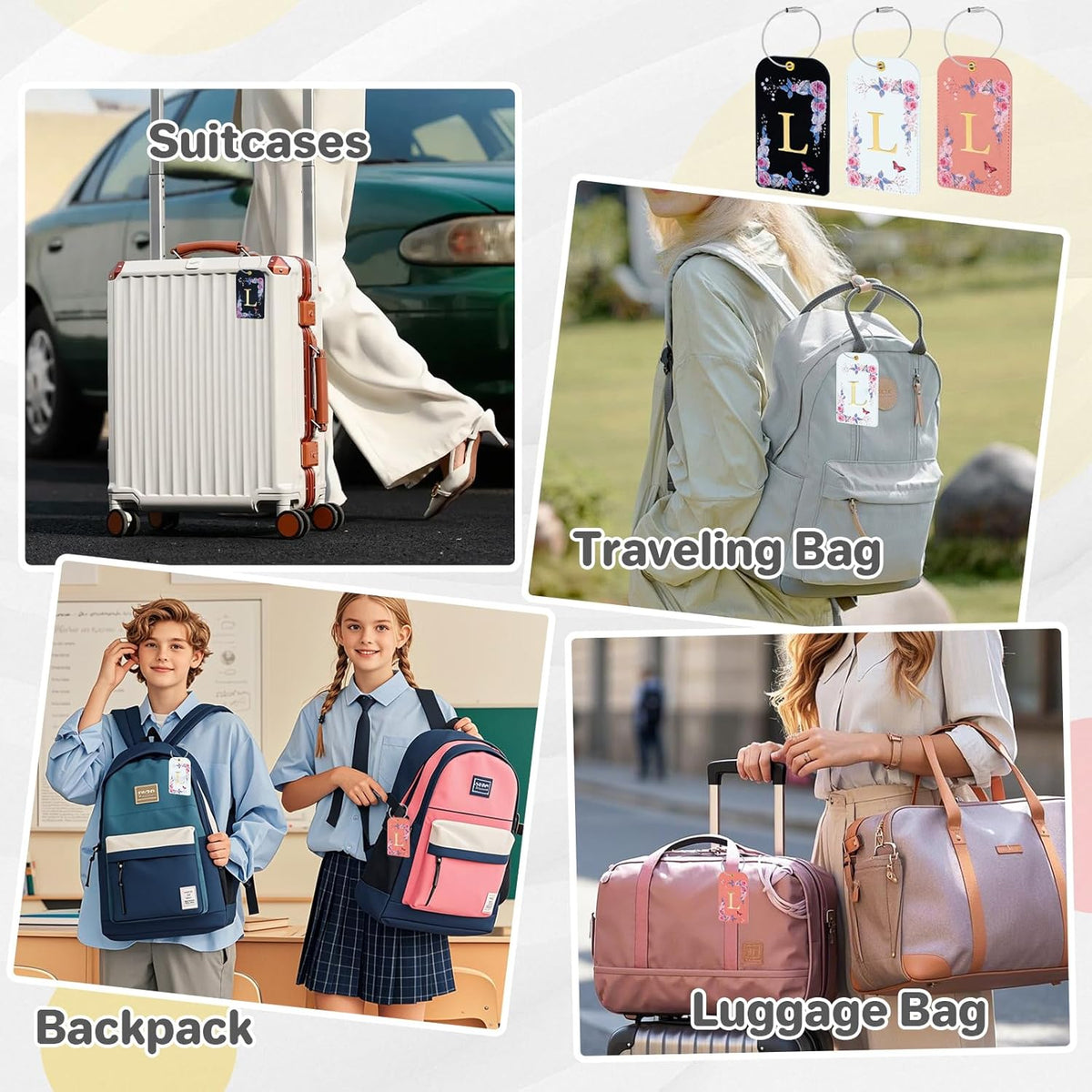 3 Pack Luxury Floral Luggage Tags, Durable PU Leather Suitcase Tags with Stainless Steel Cable Strap, Hidden ID Slot for Privacy Protection, Easy to Identify Waterproof Travel Accessories Gift (L)