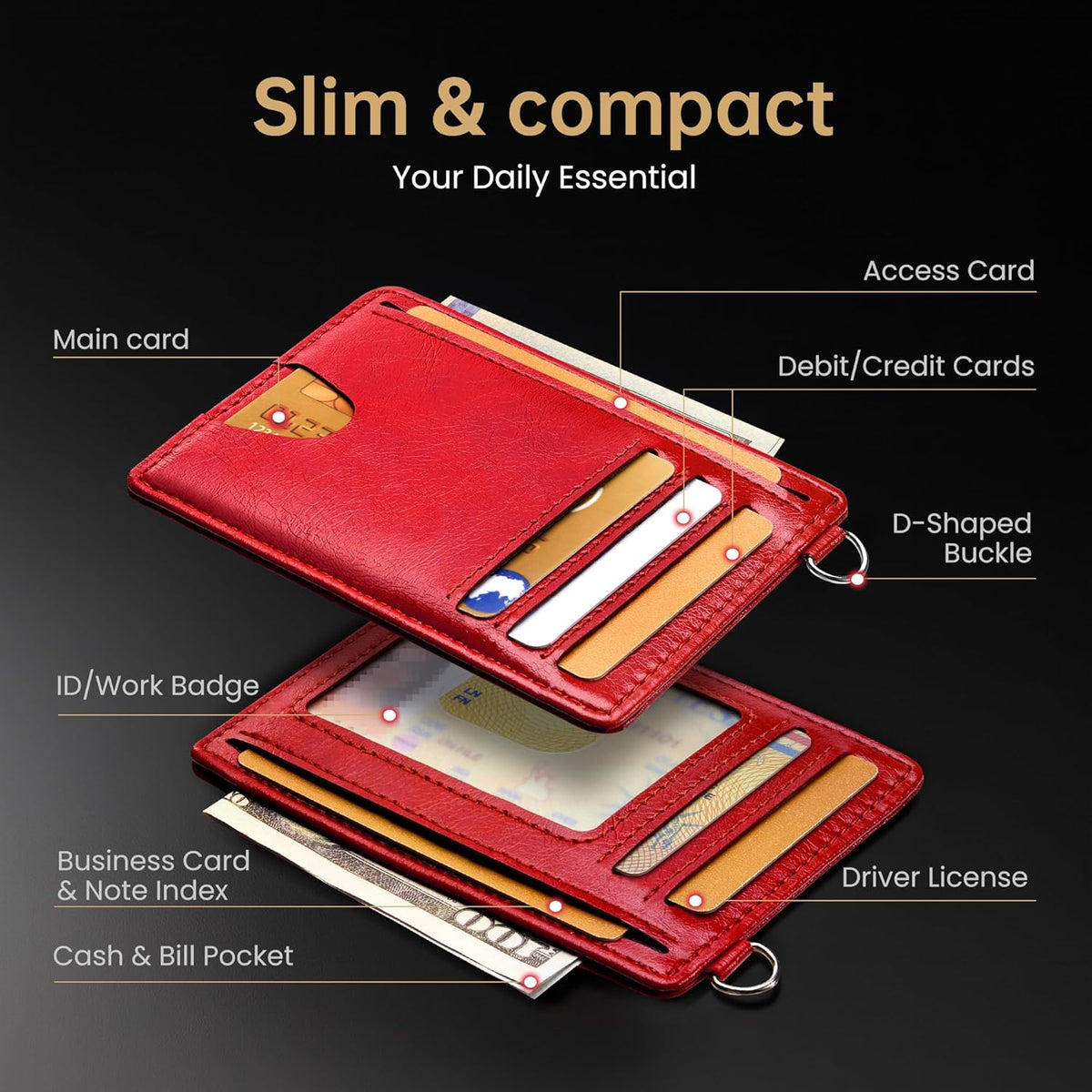Mayski Slim Wallet, Credit Card Holder for Women, Minimalist Front Pocket RFID Blocking Card Cases, Small Wallet Women Men(Oiled Wax Cherry)