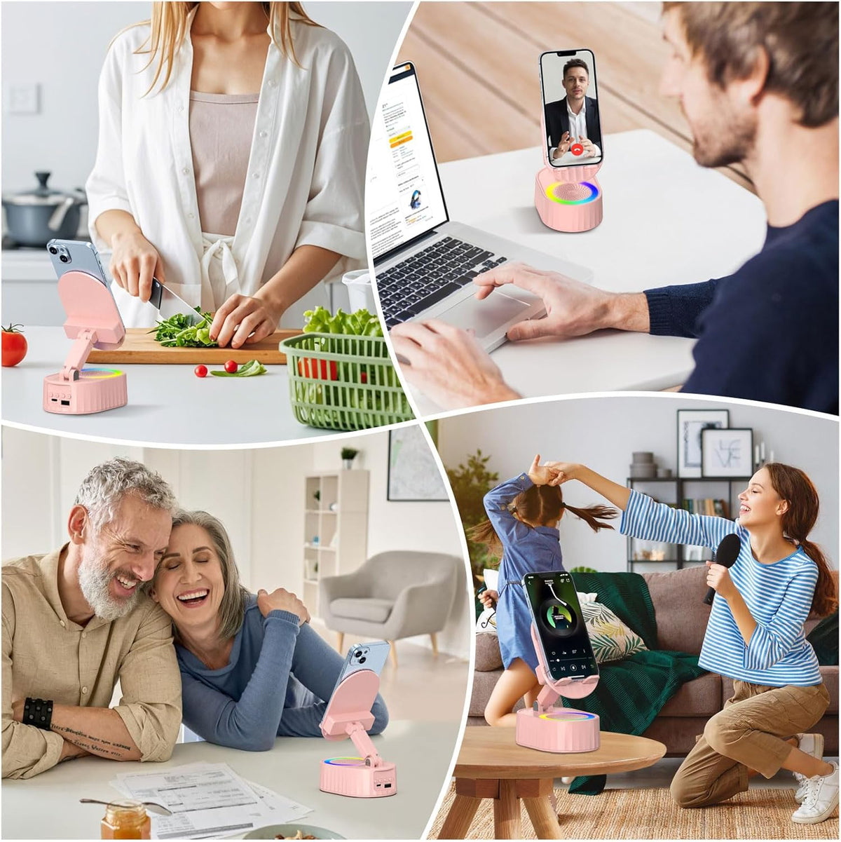 Wireless Induction Audio Bluetooth Speaker 5in1 Phone Holder Emergency Rechargeable (3000mAh) with Colorful Ambient Light 300° Foldable for Tablet iPhone Android, Womens Birthday Gifts(Pink)