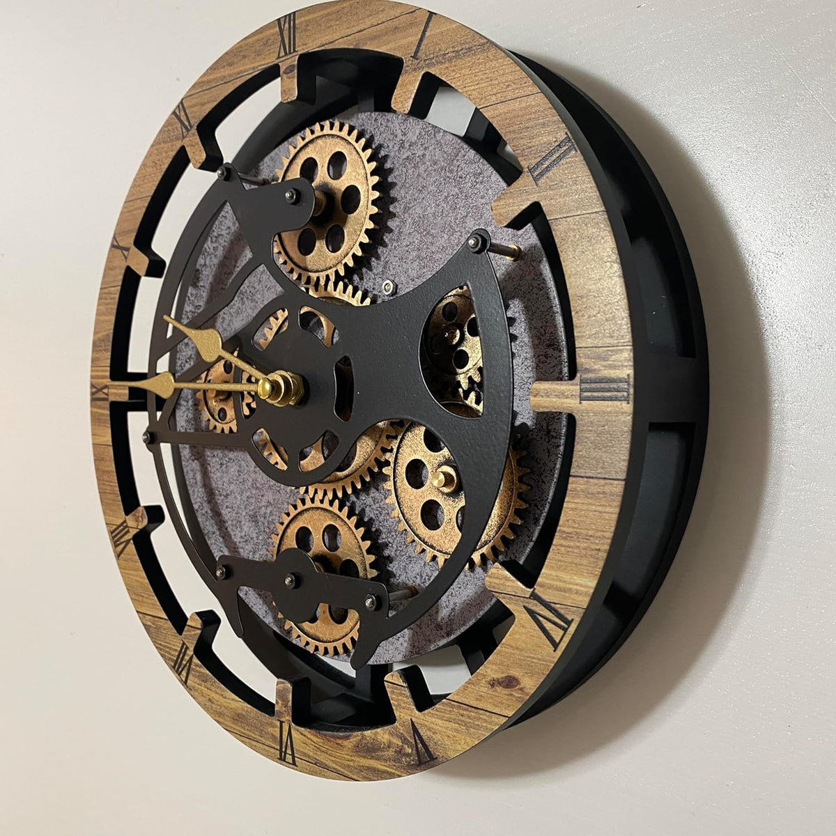 Desk Clock 10 inches with Real Moving Gears Convertible into Wall Clock (Brown and Grey)