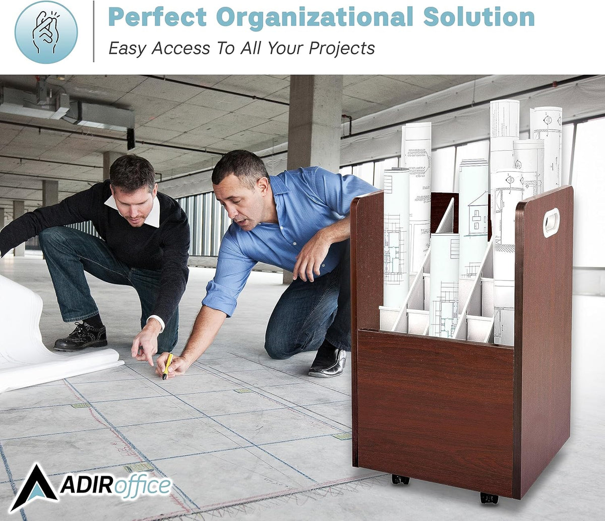 Adir Blue Print Storage Organizer - Mobile Roll File Cart, Construction Plan Holders, Blueprint Cabinet with Wheels, Roll Files Storage for Office and Home (20 Slots, Mahogany)