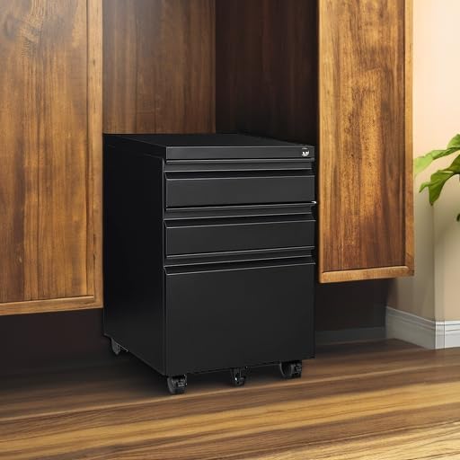 3 Drawer Mobile File Cabinet with Lock, Rolling Filing Cabinets for Home Office, Under Desk Small File Cabinet Three Drawers for Legal/Letter/A4 File, Black - Assembly Required