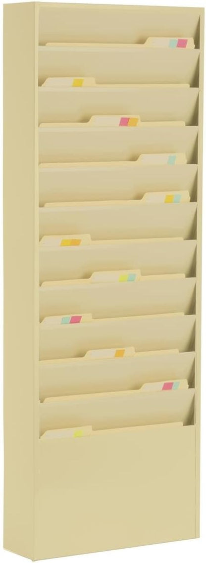 Durham Displays2go Hanging File Folder Rack with 11 Tiered Pockets, Wall Mount Office Organizer - Tan Powder-Coated Steel