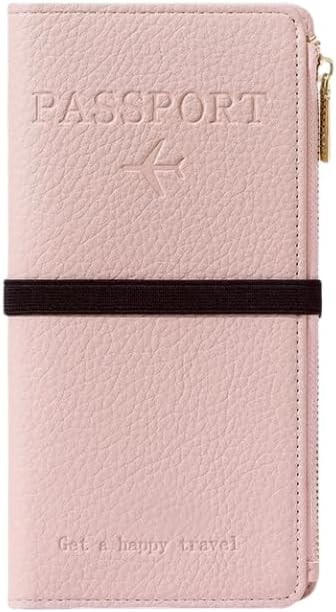 DOB SECHS Leather Passport Wallet for Women, RFID Blocking Passport Holder with Zipper for Travel, Credit Card Cover Case, Travel Document Organizer Pouch Bag +ID Window+Cash Pocket+SIM Slot, Pink