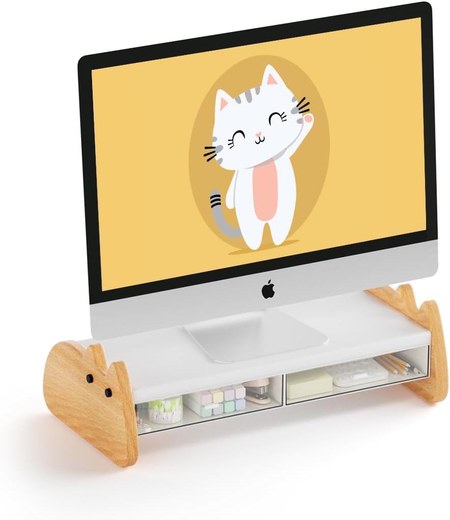 Monitor Stand Riser,Wooden & MDF Computer Desktop Stand with Acrylic Drawer,Laptop Stand Riser Holder ,Table Holder Desk Organizer Storage Stand for Laptop,Printer,TV,15.7 inch,Cute Cat