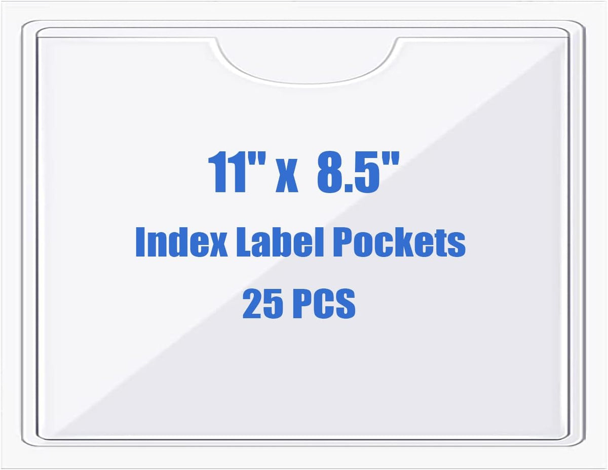 Origin-Joy 25 PCS Self-Adhesive Index Label Pockets, Clear Plastic Peel & Stick Card Holders with Top Open for Loading (11 x 8.5 inch)