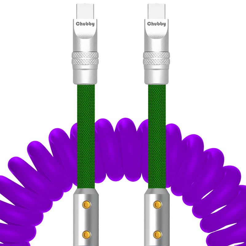 Chubbycable Colorblock Chubby - Spring Braided Silicone Charge Cable, Coiled USB C Cable, 2.29FT-3.6FT, Fast Charging, Purple+Green, Type-C to Type-C, Car & Desktop