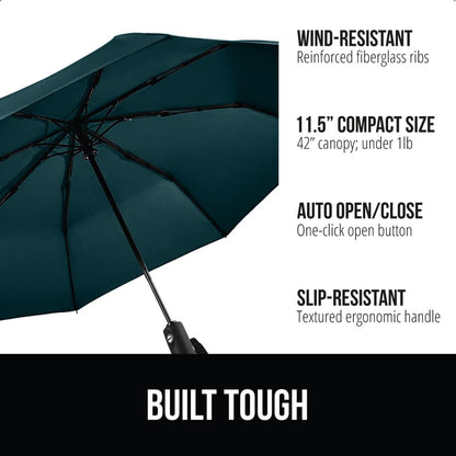 GORILLA GRIP Strong Windproof Stick Compact Umbrella for Rain, One-Click Automatic Open and Close, Durable Quick Dry Waterproof Material, Lightweight, Portable, Travel Size Fits Backpack, Hunter Green