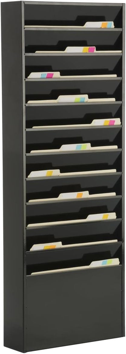 Displays2go File Folder Wall Rack with 11 Tiered Pockets, Shows Only The Top Portion of a File Folder, Office Filing Rack for Wall Mount - Black Powder-Coated Steel