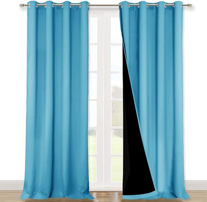 NICETOWN Insulated 100% Blackout Curtains, Noise Reducing Performance Drapes with Black Lining, Full Light Blocking Draperies for Overnight Shift Worker (Light Blue, 2 PCs, 52 inches x 95 inches)