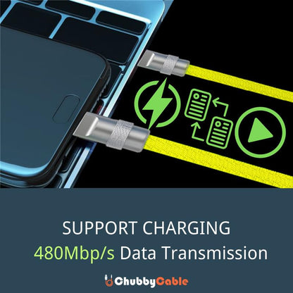 Chubbycable Colorblock Chubby - Spring Braided Silicone Charge Cable, Coiled USB C Cable, 2.29FT-3.6FT, Fast Charging, Purple+Green, Type-C to Type-C, Car & Desktop