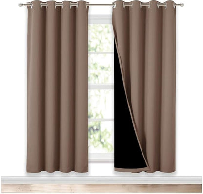 NICETOWN Living Room Completely Shaded Draperies, Privacy Protection & Noise Reducing Ring Top Drapes, Black Lined Insulated Window Treatment Curtain Panels(Cappuccino, 2 Pieces, W52 x L72)